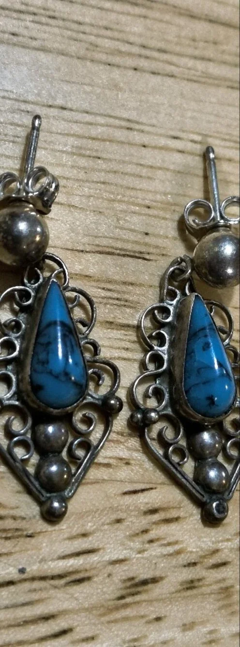 Vintage Sterling Silver Turquoise Teardrop Filigree Drop Signed Mexico Earrings